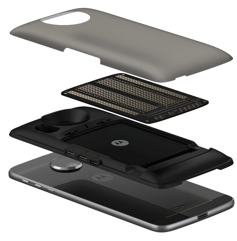 cross section view of a Moto Mod being attacted to a Moto Z smartphone